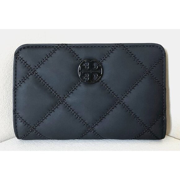 New Tory Burch Willa Matte Medium Leather Wallet  Black - Picture 1 of 5